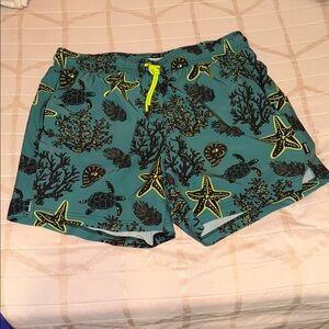 Turquoise Sea Life XL Compression Lined Swim Trunks with Neon Drawstring